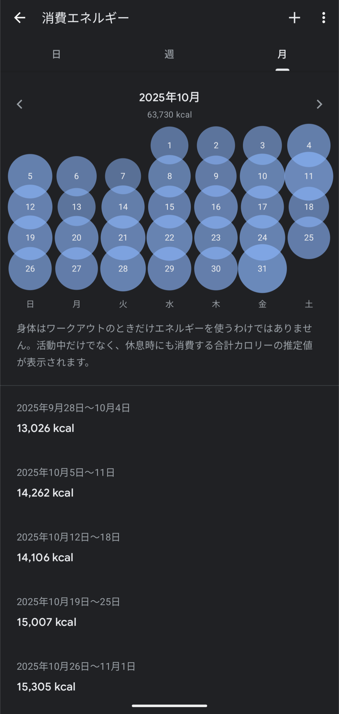 活動量の記録例（プロジェクト序盤に近い月。同じく手元のGoogle Fit）