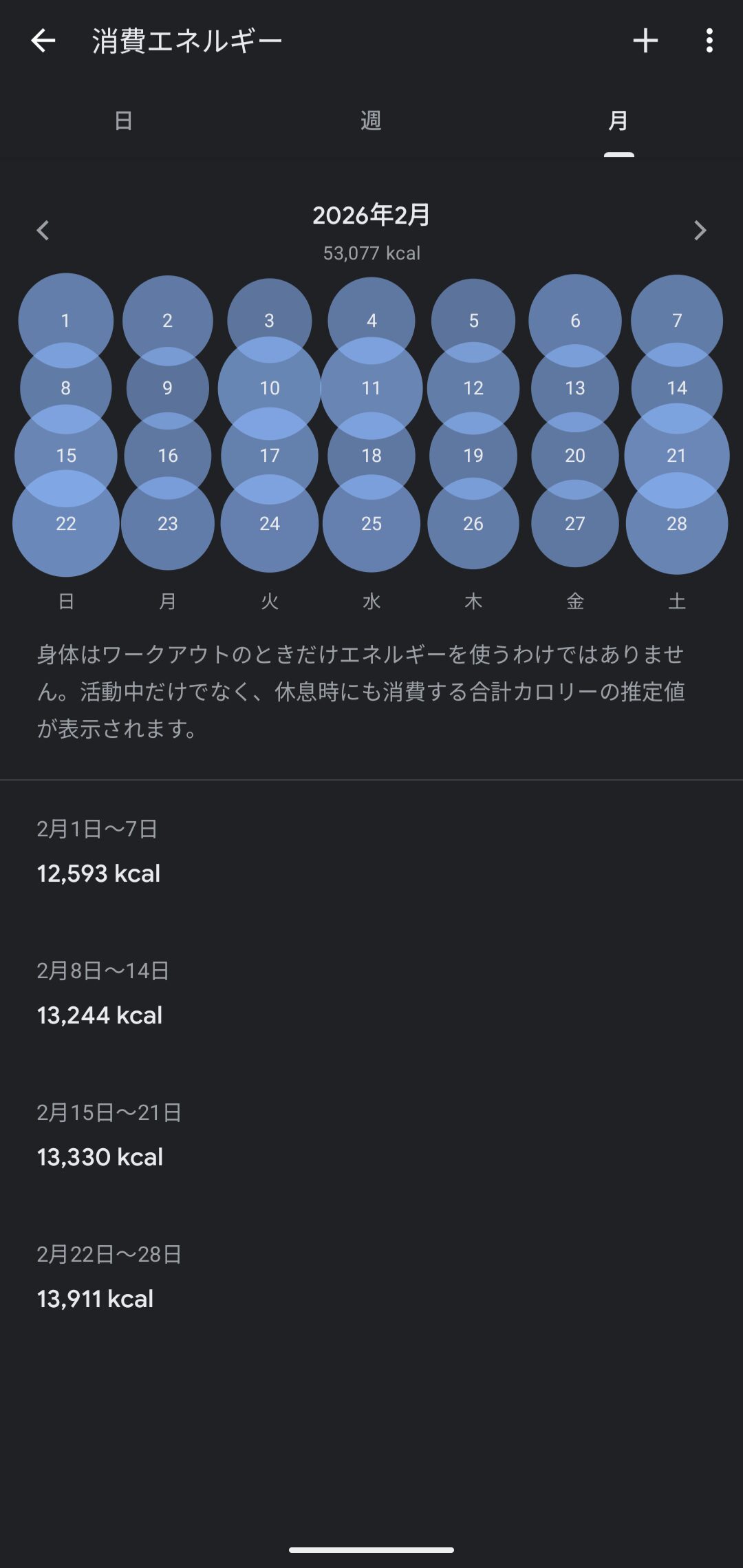 活動量エネルギーの記録例（手元のGoogle Fit。別月の補助線として）
